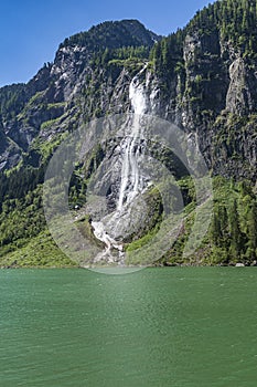 Waterfall on the Lake Stillup, Zillertal Alps, Austria, Tyrol