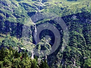 Waterfall Lammerbachfall or Wasserfall LammerbachfÃ¤lle, Lammerbach stream in the Alpine Valley of Maderanertal