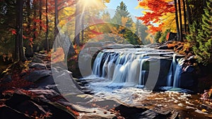 Sunny Fall Day: Autumn Forest Waterfall Art Design photo