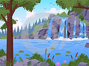 Waterfall landscape. Cartoon jungle scenery with waterfall, rocks and greenery, wild nature water flowing view flat vector