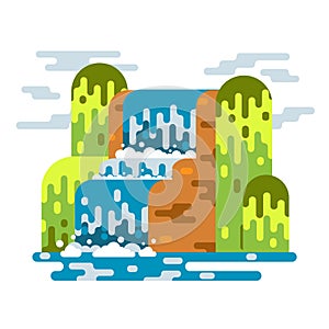 Waterfall landscape. Mountain river with cascade. Vector flat cartoon illustration illustration