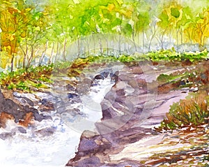 Waterfall landscape watercolor painted