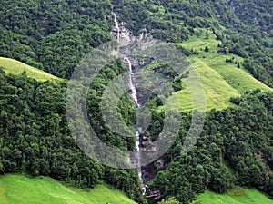 Waterfall Laubenfall in the Sernftal alpine valley or WasserfÃ¤lle LaubenfÃ¤lle