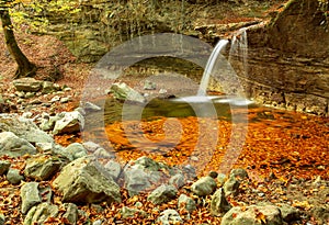 Waterfall. Leaves. Autumn. Forest. Water. Stones.