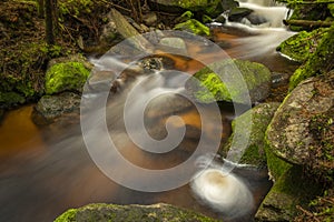 Waterfall on Lesni creek in Sumava national park in spring day