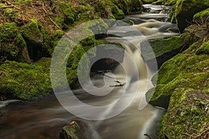 Waterfall on Lesni creek in Sumava national park in spring day