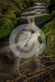 Waterfall on Lesni creek in Sumava national park in spring day