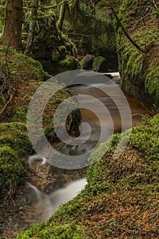 Waterfall on Lesni creek in Sumava national park in spring day