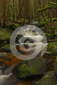 Waterfall on Lesni creek in Sumava national park in spring day