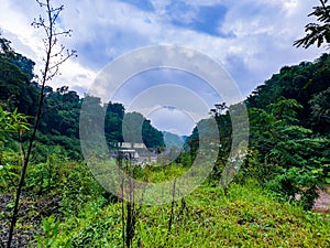 Waterfall is located not far from Mount Merapi in java in indonesia