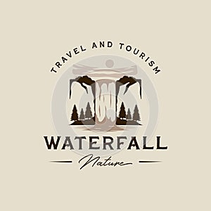 waterfall logo vector vintage illustration template icon graphic design. explore the nature sign or symbol for travel or design