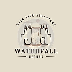 waterfall logo vector vintage illustration template icon graphic design. explore the nature sign or symbol for travel or design