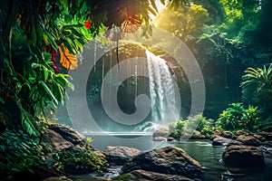 Waterfall in the middle of the jungle in the rainforest. Created using Generative AI