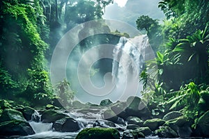 Waterfall in the middle of the jungle in the rainforest. Created using Generative AI