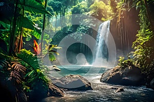 Waterfall in the middle of the jungle in the rainforest. Created using Generative AI