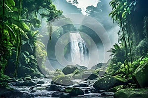 Waterfall in the middle of the jungle in the rainforest. Created using Generative AI