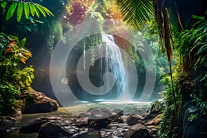 Waterfall in the middle of the jungle in the rainforest. Created using Generative AI