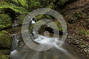 A waterfall in the midst of a magical wild nature, rocks covered with moss and forest around.