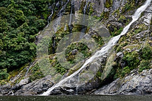 Waterfall, Milford Sound Fjord, New Zealand
