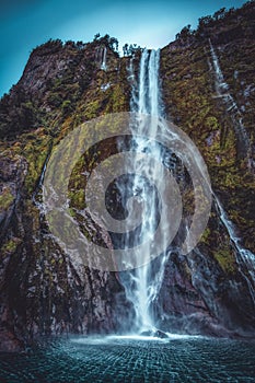 Waterfall in Milford Sound from low angle