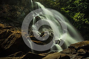 Waterfall with milky white water flow long exposure flat angle image