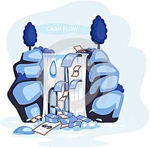 Waterfall with money, dollar bills, cash flow. Idea of financial growth and business development