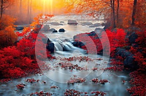 Waterfall at mountain river in autumn forest at sunset