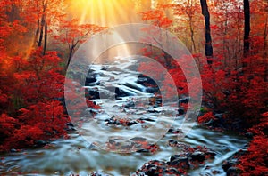 Waterfall at mountain river in autumn forest at sunset