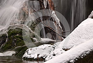 waterfall on mountain winter river