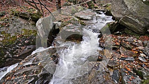 A waterfall in the mountains, autumn forest with foliage