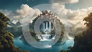 waterfall in the mountains Fantasy waterfall of dreams, landscape floating islands and clouds, castle above the waterfalls