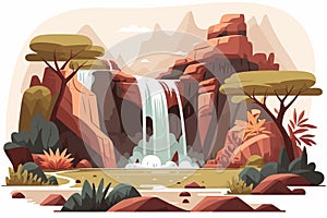 Waterfall in the mountains. Vector illustration in flat cartoon style