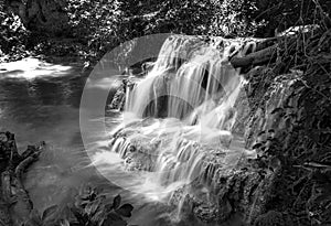 Mountain cascade river waterfall. Black and white