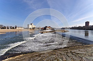 Waterfall on Odra river in Brzeg, Poland