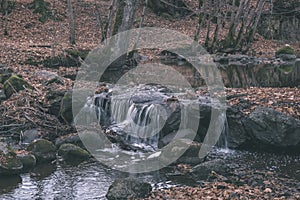 waterfall over the rocks in river stream in forest in late autumn with naked trees and grey colors in nature - vintage old film