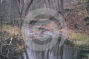 waterfall over the rocks in river stream in forest in late autumn with naked trees and grey colors in nature - vintage old film