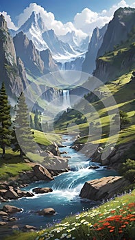 Waterfall panorama natural landscape wallpaper background AI Generated