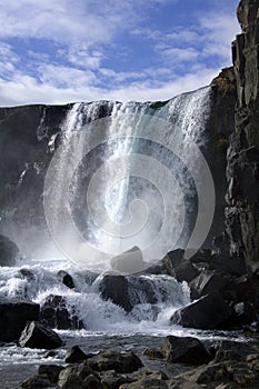 Waterfall in a part of the rift valley at Pingvellir in Iceland