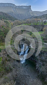 Waterfall of Penaladros in Cozuela aerial view, Burgos, Spain photo