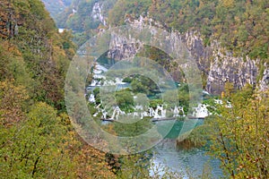 Waterfall the Plitvice Lakes in autumn