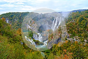 Waterfall the Plitvice Lakes in autumn