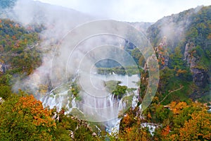 Waterfall the Plitvice Lakes in autumn