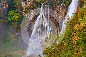 Waterfall the Plitvice Lakes in autumn