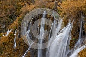 Waterfall in the Plitvice Lakes National Park in autumn