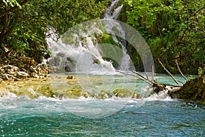 Waterfall in Plitvice Lakes national Park at summer, Croatia