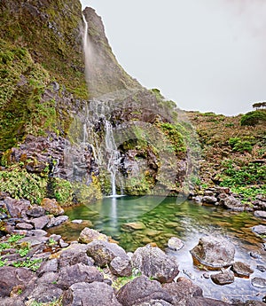 Waterfall Poco do Bacalhau at the Azores island of Flores