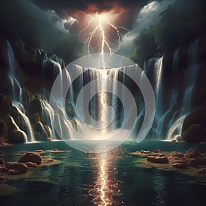 Waterfall Pool Lightning Lightning striking the pool of water be