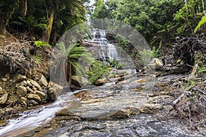 Waterfall in rain forest flowing down rock formation