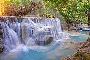 Waterfall in rain forest (Tat Kuang Si Waterfalls at Luang praba