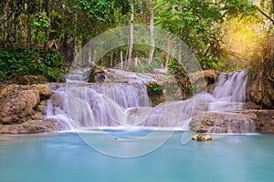 Waterfall in rain forest, Tat Kuang Si Waterfalls at Luang prabang.